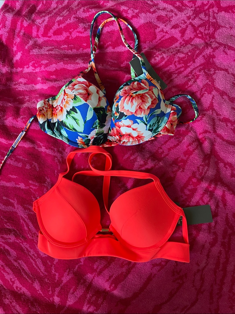 Abercrombie & Fitch Floral Blue Multicolor Bikini Top + Coral Red Bikini Top